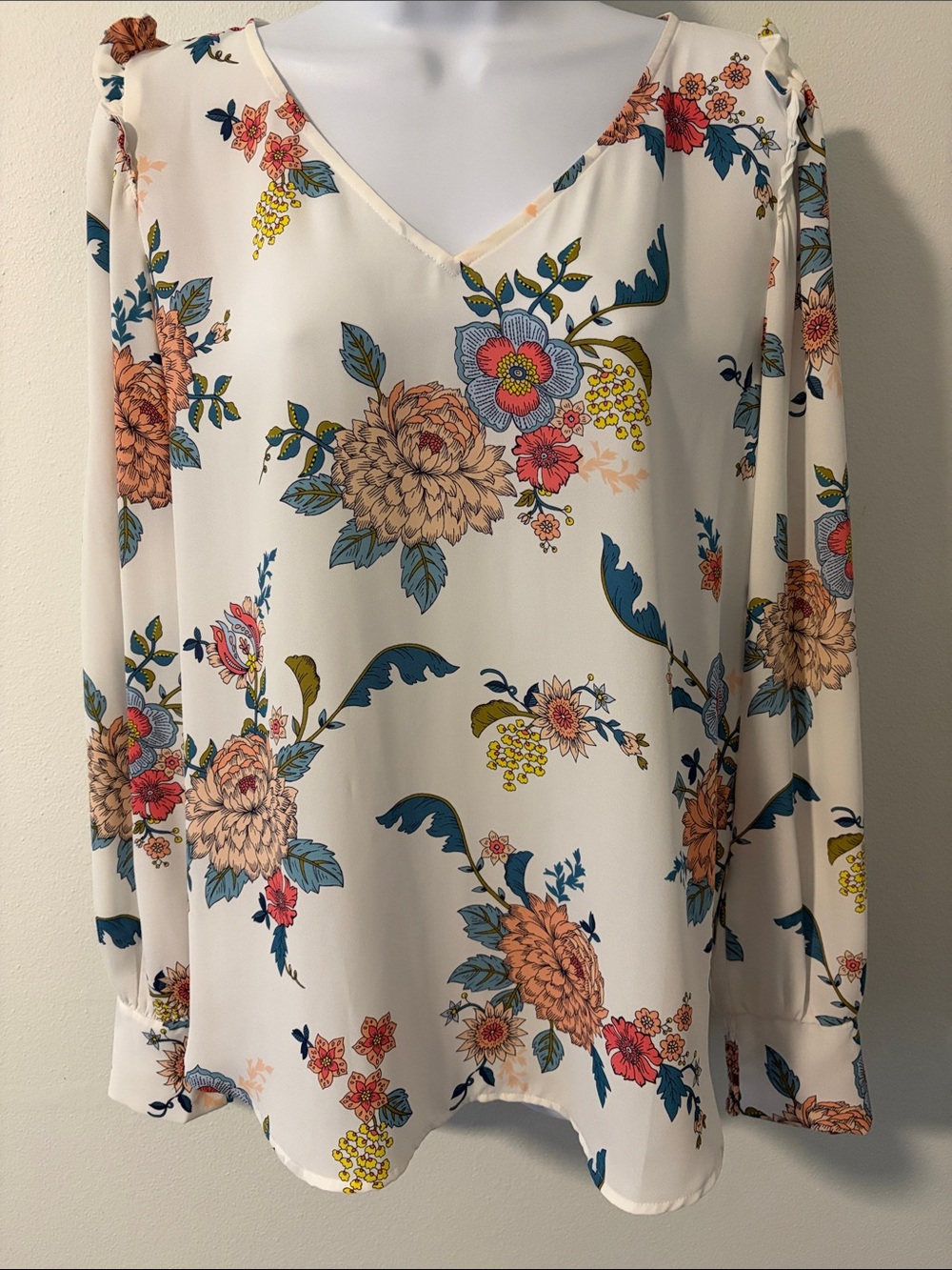 LOFT Cream Floral V-Neck Long Sleeve Blouse